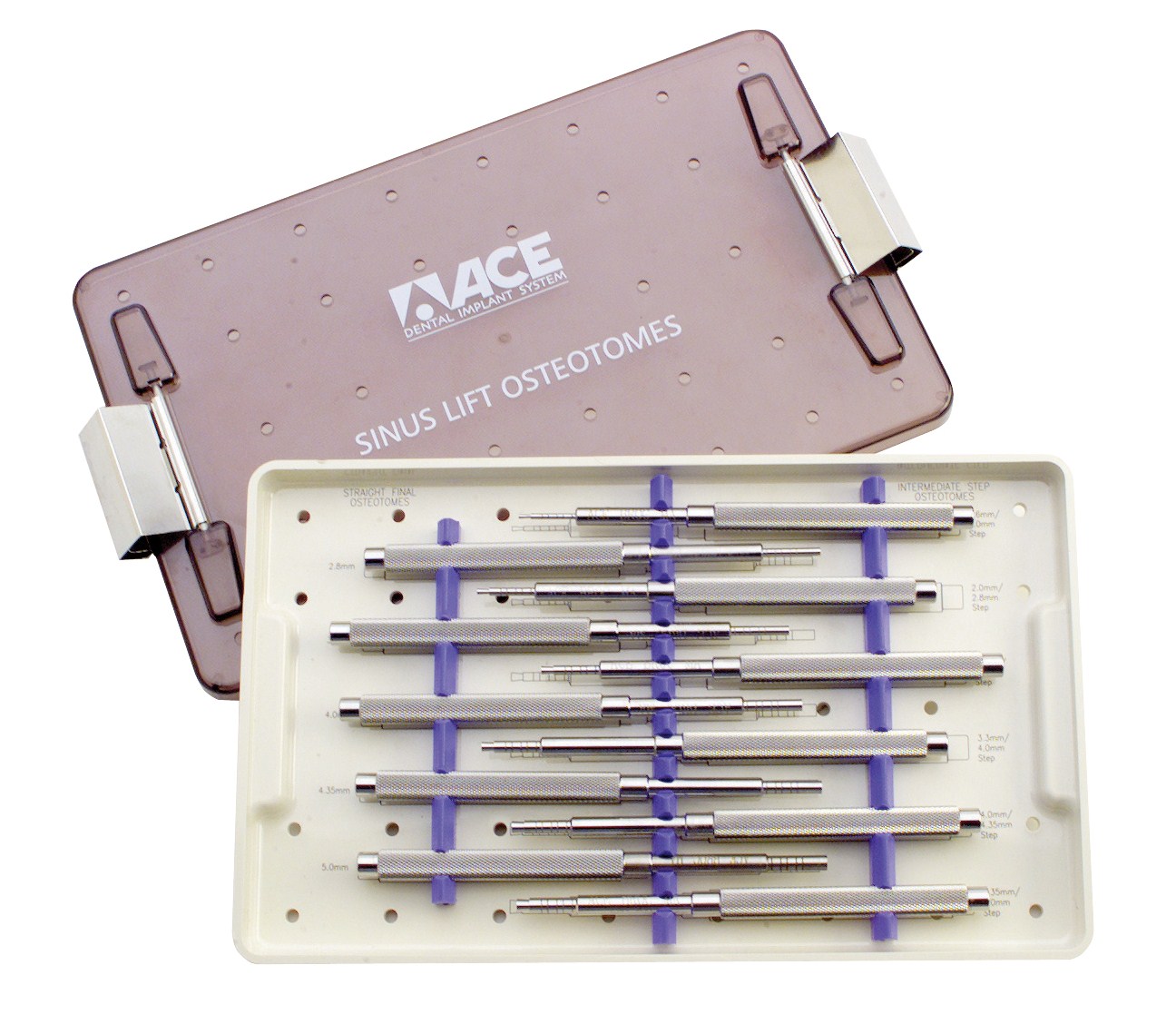 Sinuslift osteotome kit for bone regeneration and dental implant surgery.