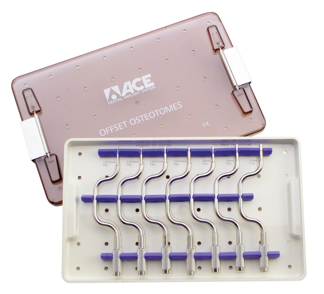 Offset osteotome kit for bone regeneration and dental implant surgery.